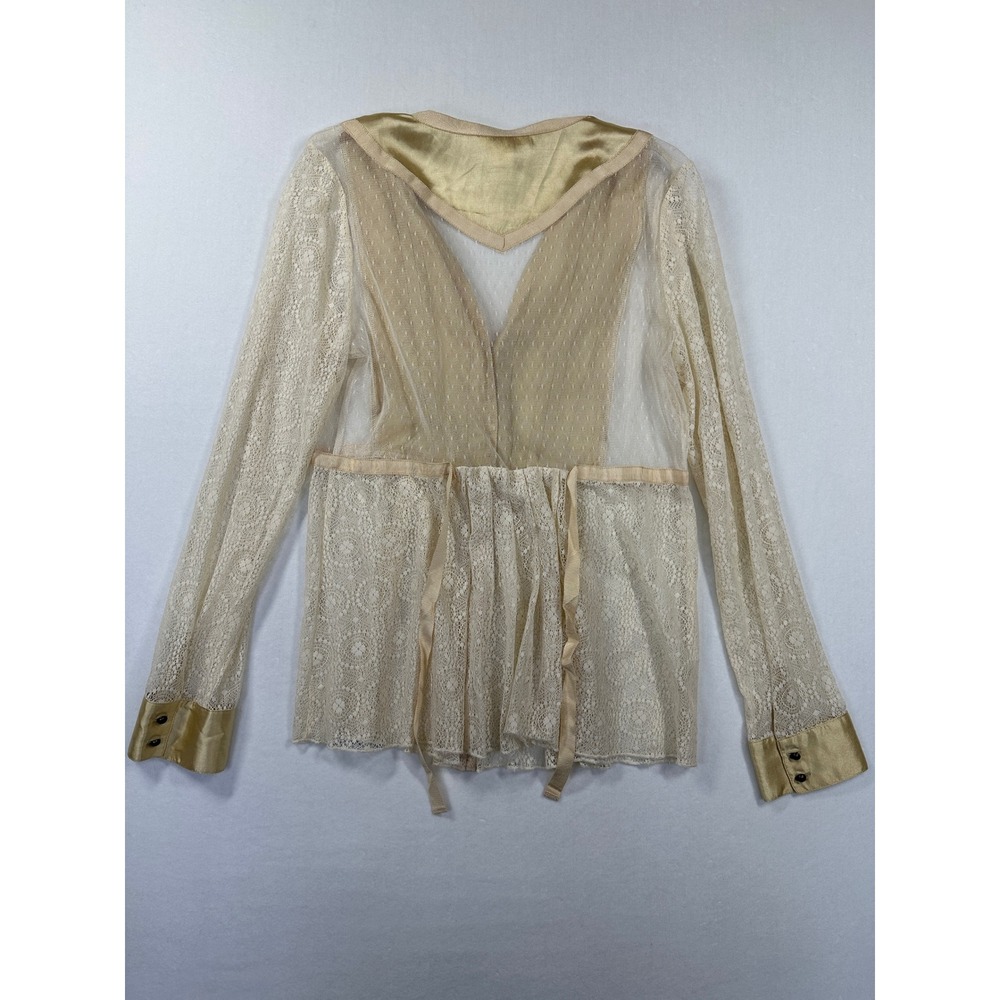 Sundance Lace Satin Lady Jane Blouse Sz 8 Cream Gold Romantic Mesh Peplum Top - Picture 12 of 14